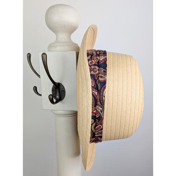 VTG Haband Fedora Hat Medium 22" Natural Straw Blue Paisley Hatband Made in USA - Picture 3 of 9